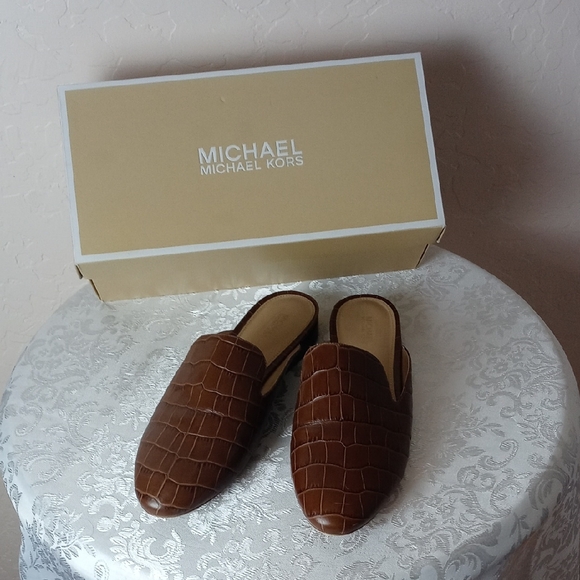 Michael Kors Shoes - Michael Kors Brown Croc-Embossed Leather Mules